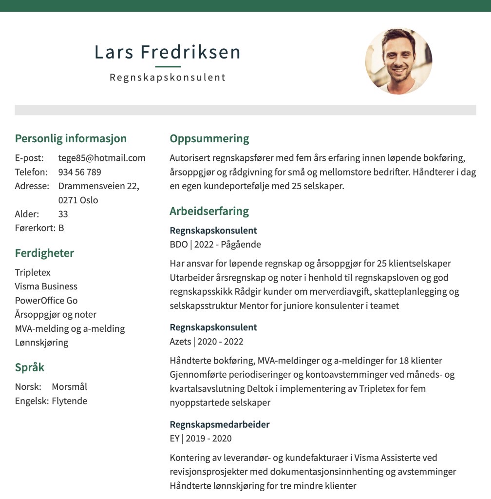 Eksempel på CV laget i CV-malen