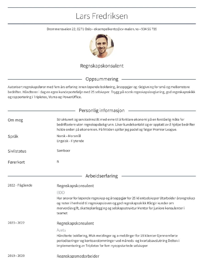 CV-mal Amsterdam – Sentrert minimalistisk layout med tydelige seksjonsdelere