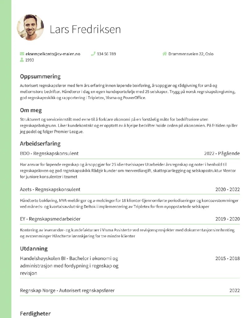 CV-mal Prag – Minimalistisk layout med én kolonne og aksentkant