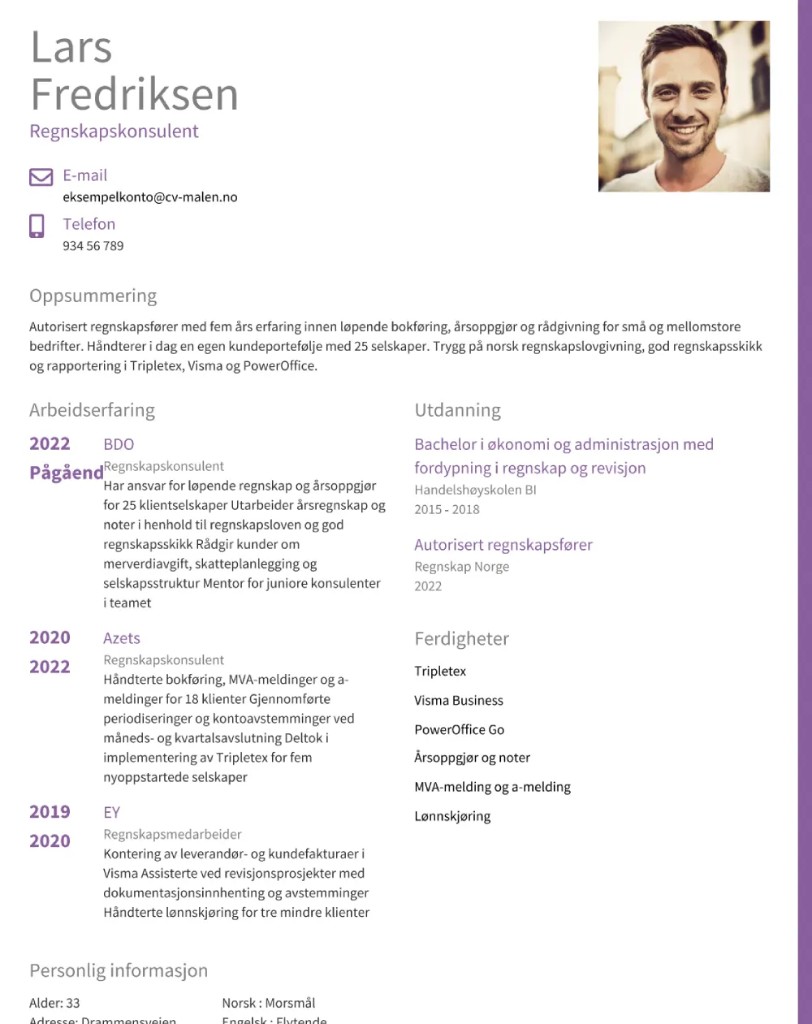 CV-mal Rom – Two-column layout with timeline and skill bars